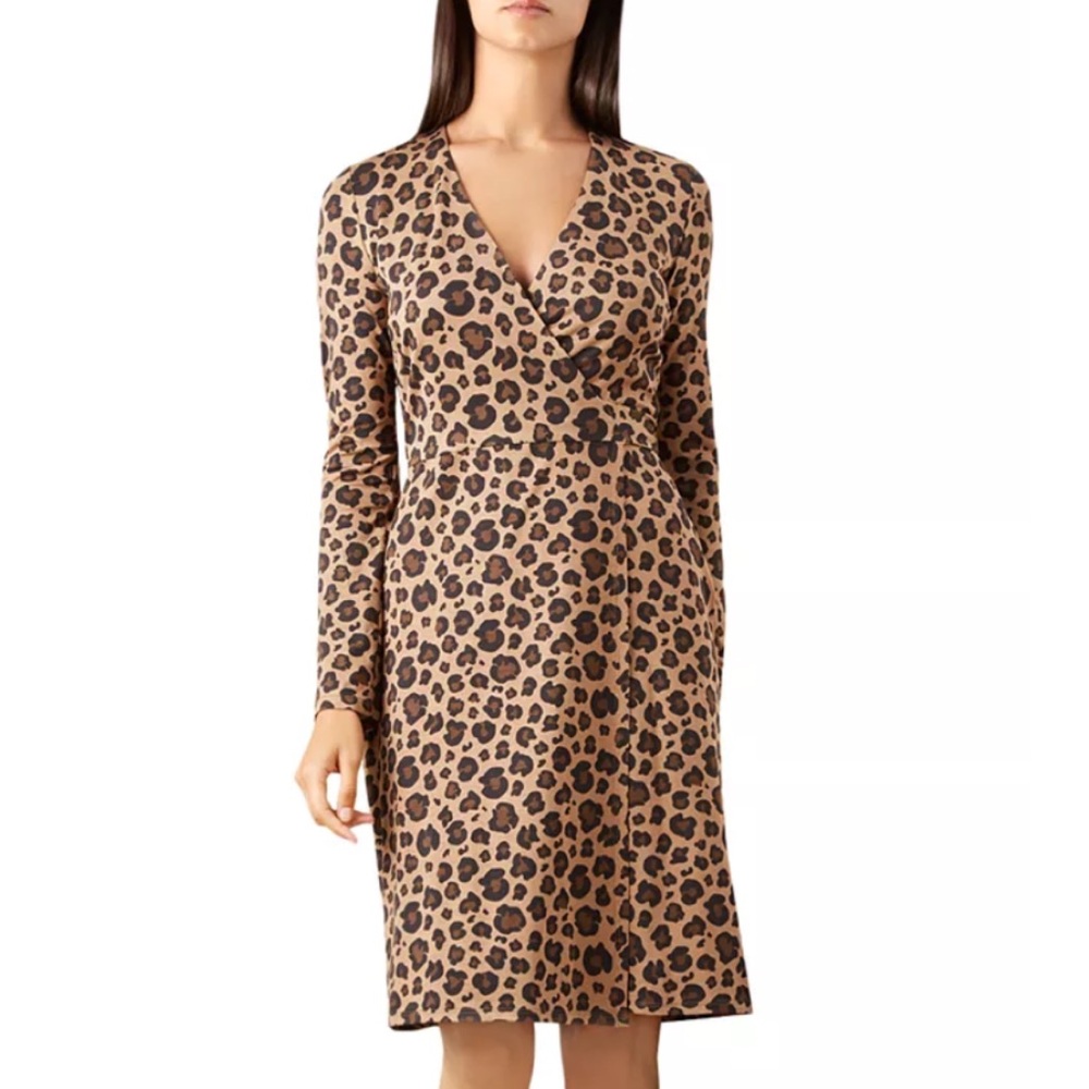 HOBBS LONDON Delilah Leopard Print True Wrap Midi‎ Dress Long Sleeve V-Neck SZ 4